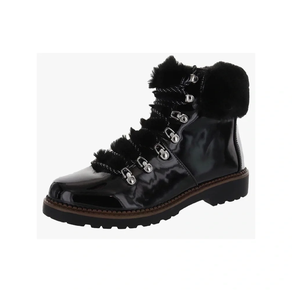 🆕 Esprit Celestin faux patent leather fur lace up fashion boots black